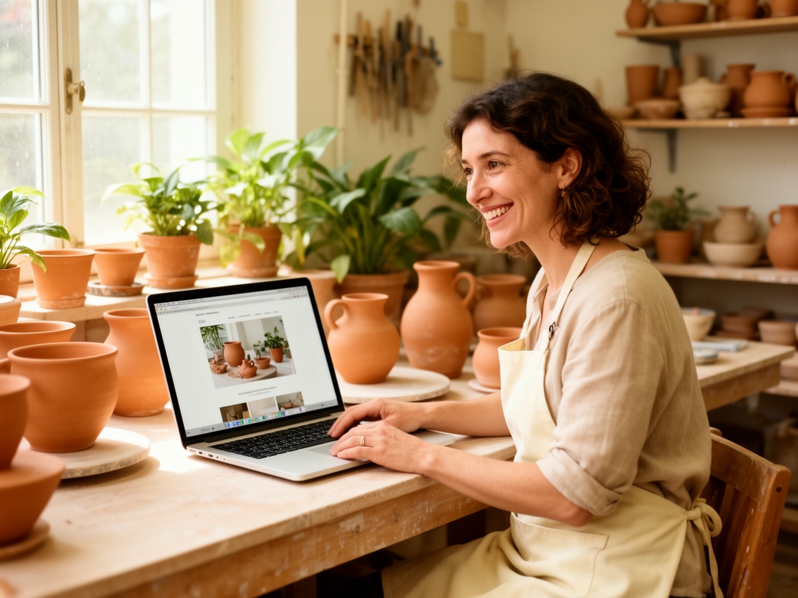 Une céramiste dans son atelier regarde le site de sa boutique sur son ordinateur