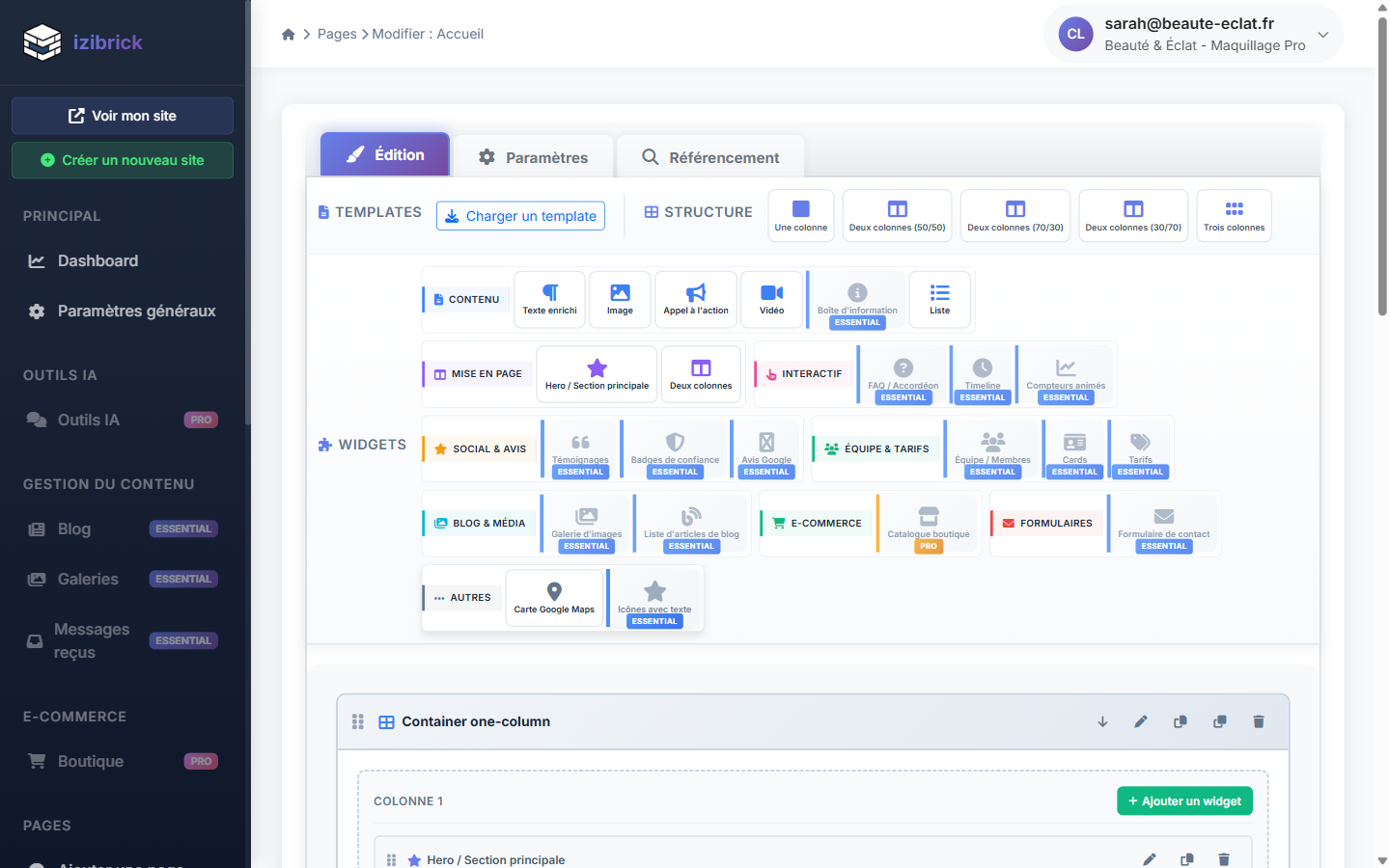 L'éditeur visuel izibrick : construction d'une page par glisser-déposer de widgets