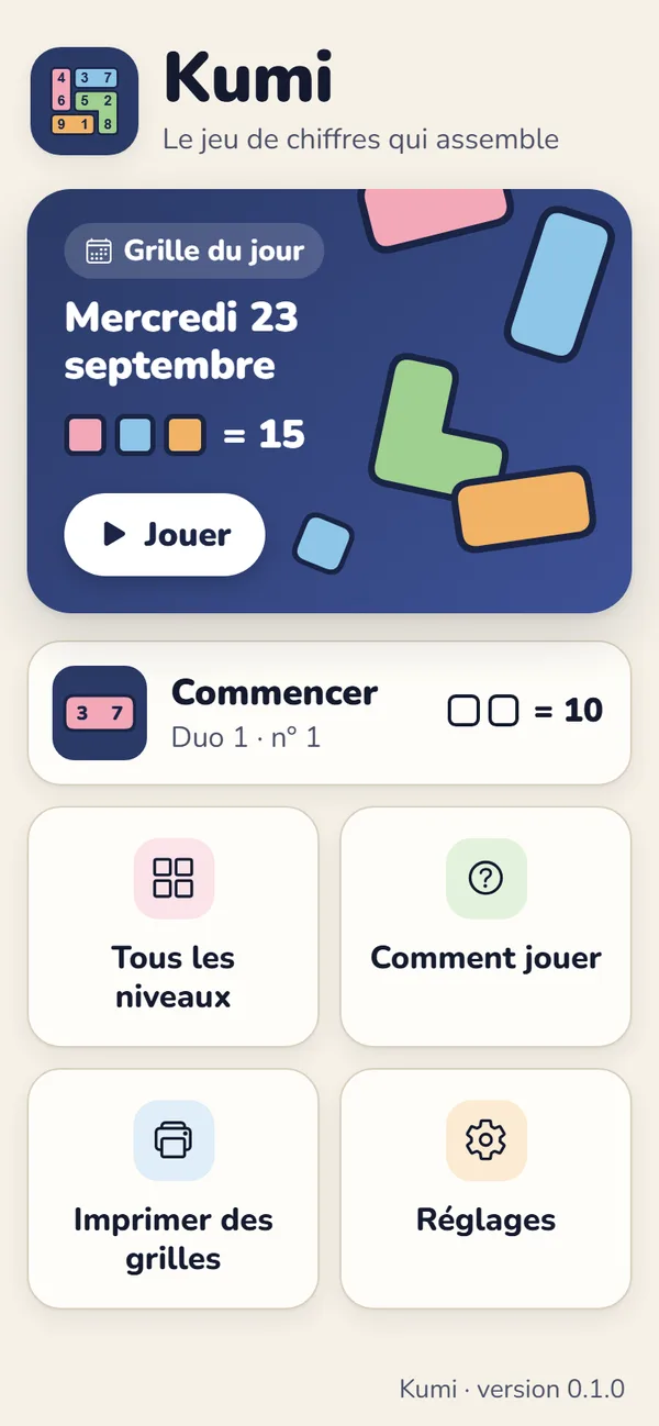 L’écran d’accueil de Kumi