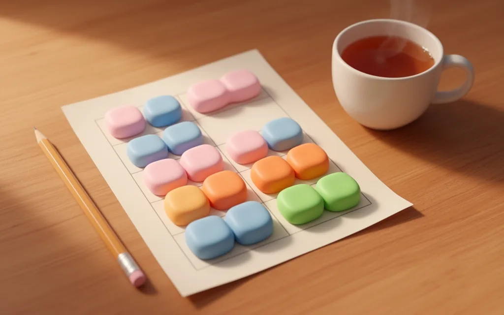 Un livret de grilles imprimé, un crayon et une tasse de thé