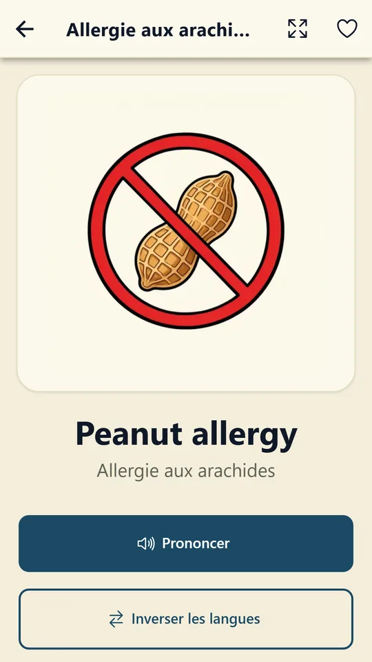 La fiche « Allergie aux arachides » : l’image, le mot en anglais et le bouton Prononcer