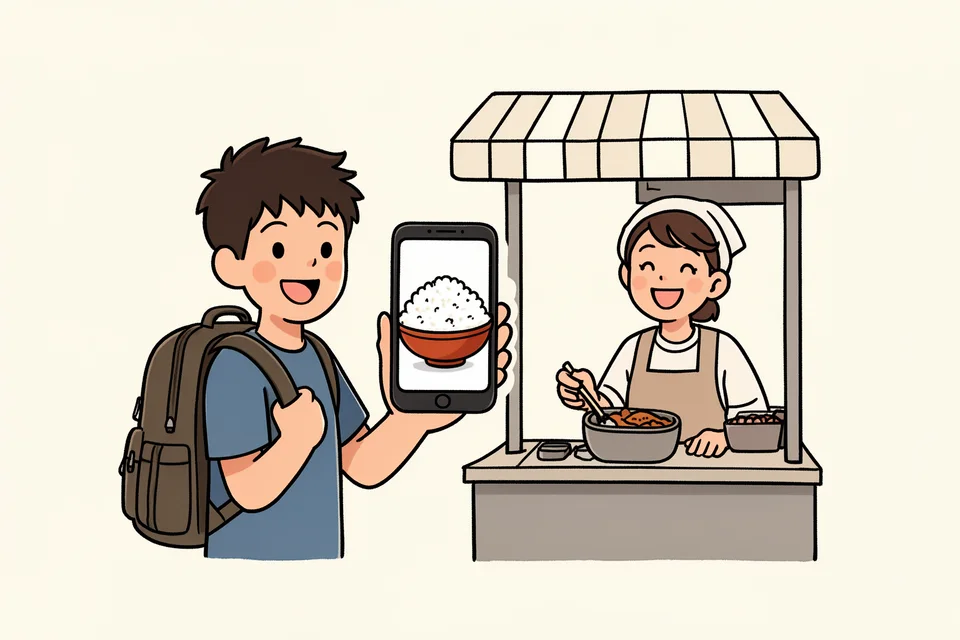 Un voyageur montre l’image d’un bol de riz sur son téléphone à une cuisinière de rue, qui sourit