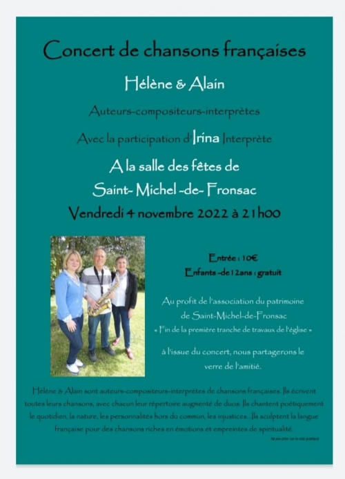 Vendredi 4 novembre 2022, Concert à la Salle des Fêtes de St Michel de Fronsac, à 21h